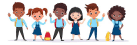 Illustration of diverse children in school uniforms waving.